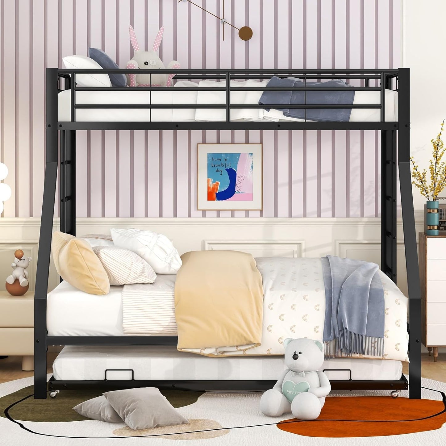 KUAKE Bunk Bed, Metal Bed with Pull-Out Bed, with Ladder on Both Sides for Children, Teenagers, Adults, 90 (140) x 200 cm, (Black)