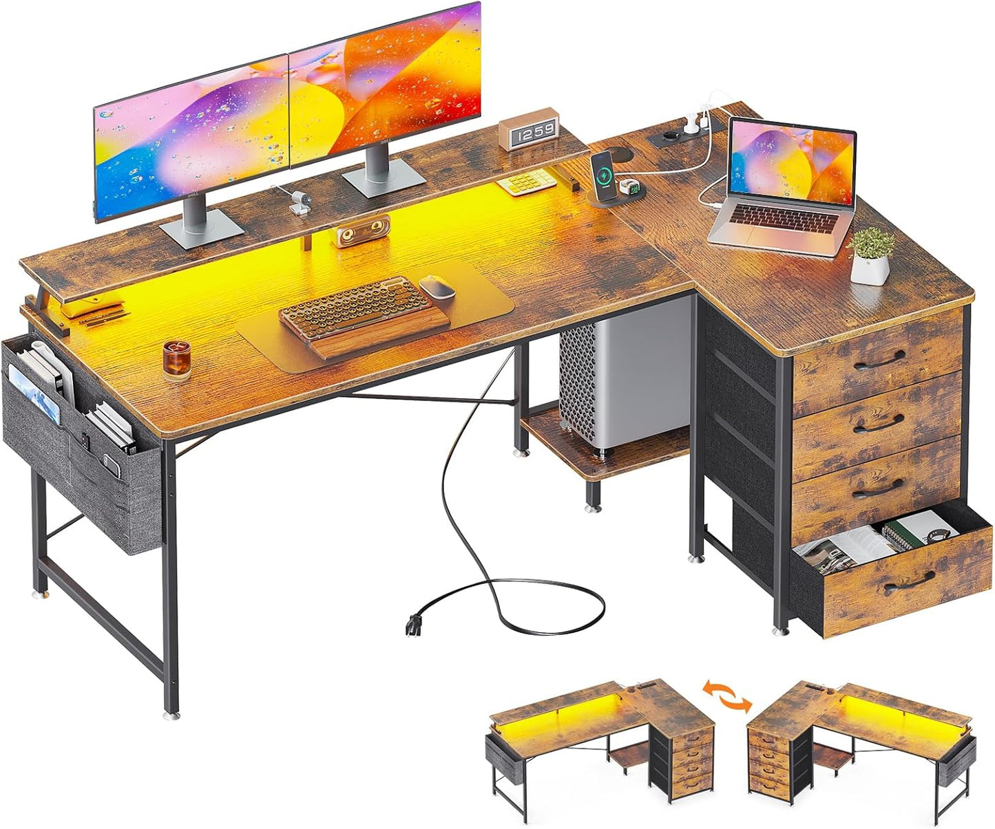ODK Corner Desk with 4 Fabric Drawers, Reversible Desk L Shape with 2 Sockets and 2 USB Charging Ports, Gaming Table L Shape with LED & Monitor Stand for Home Office (Black, 140 x 80 x 85.9 cm)