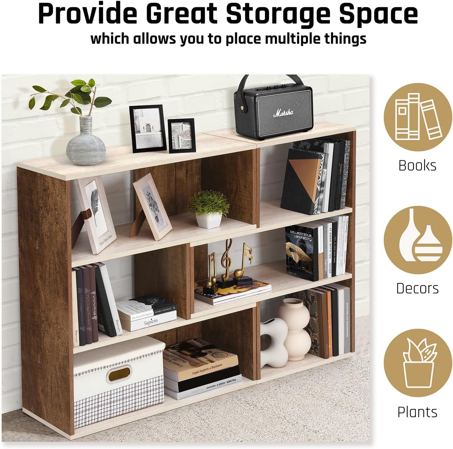 ABOUT SPACE Book Shelf for Home Library-Rectangle/L-Shaped Rack for Storage 6 Compartment Book Stand Shelf for Bedroom, Livingroom Decor, Plants and Books (Oak White&Walnut-L128 x B30 x H85 cm)