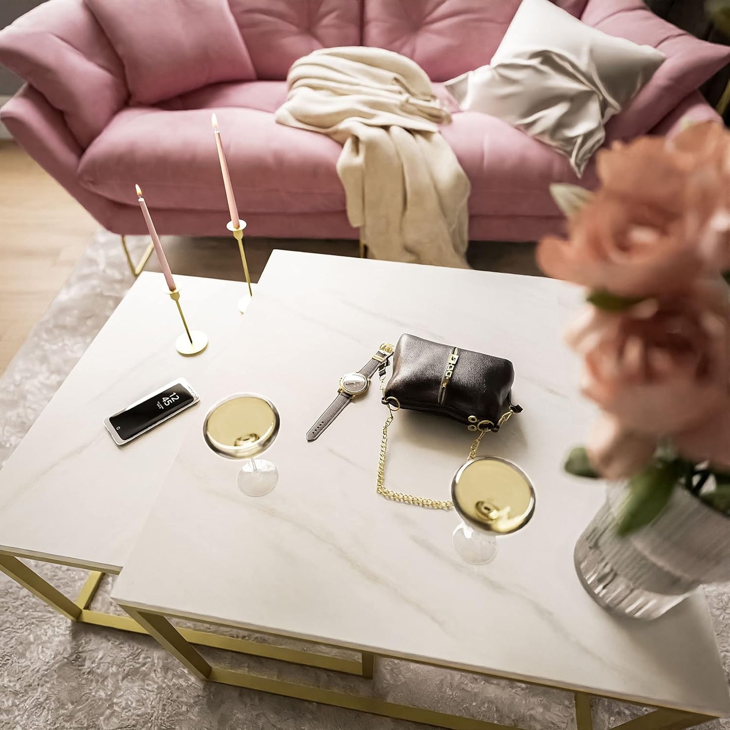 lukmebel Yoshi LEVANTO 2-in-1 Coffee Table Set of Two Tables Metal Base Matt Square Worktop 60 x 60 x 42 70 x 46 cm Gold and Levanto Marble