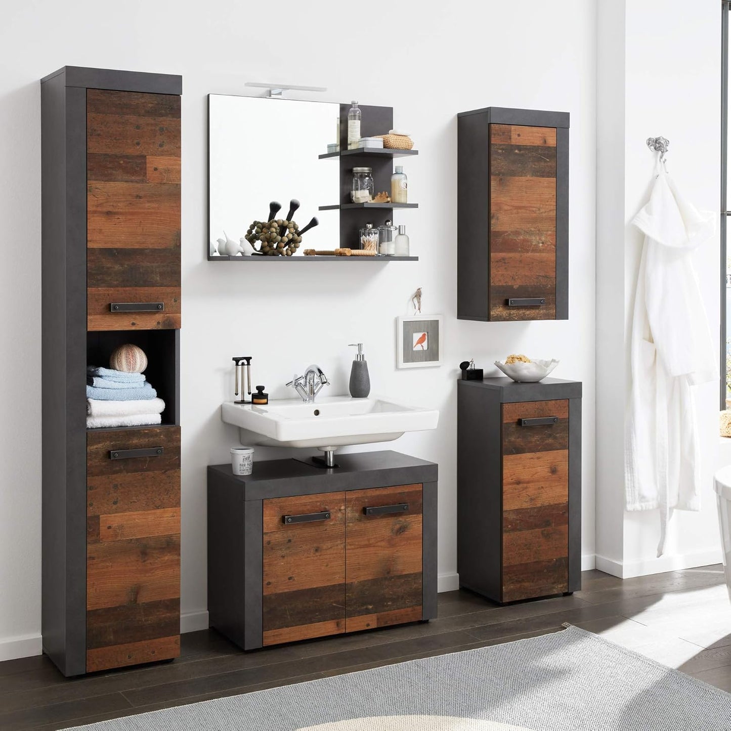 trendteam smart living Indy Bathroom Vanity Unit 72 x 56 x 34 cm in Old Wood Front with Matera Body and Panel with Lots of Storage Space