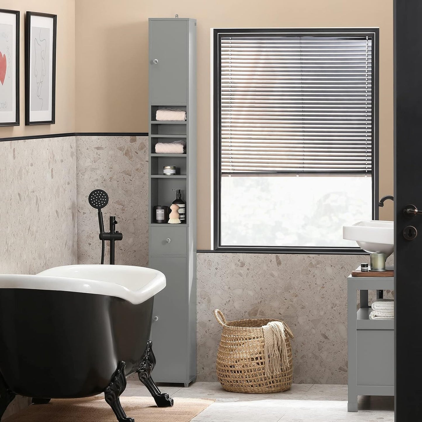 SoBuy BZR34-HG Bathroom Tall Cabinet with 5 Compartments with 1 Drawer and Doors Light Grey W x H x D x H x D x H x D x D: Approx. 20 x 180 x 20 cm