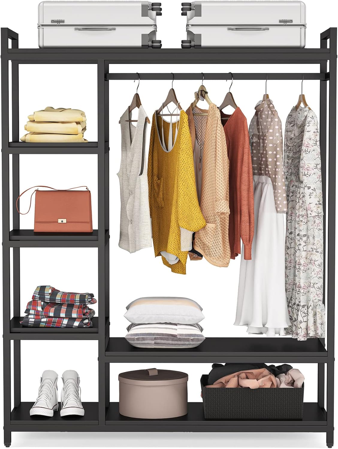 LITTLE TREE Free-standing Closet Organizer, Heavy Duty Clothes Closet, Portable Garment Rack with 6-tier Shelves and Hanging rod, Black Metal Frame & White Board (Black&black)