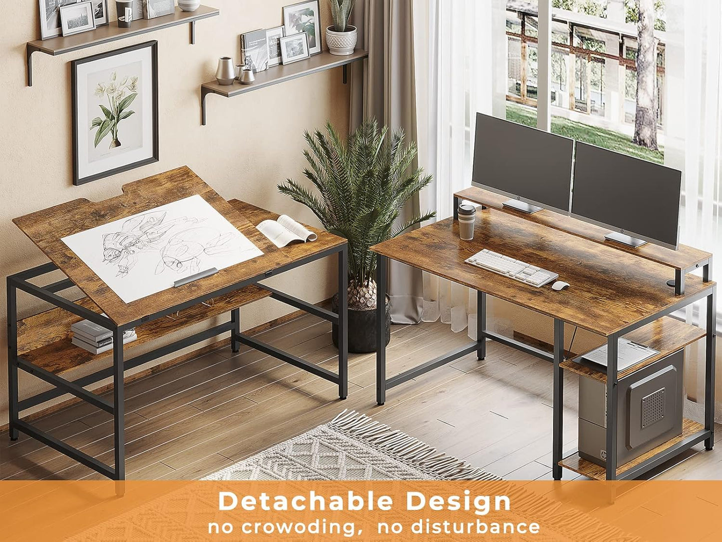 SEDETA L Shaped Desk, 68.9 inches Corner Computer Desk with Monitor Stand Riser, Drafting Drawing Table with Tiltable Desktop, Workstation Study Writing Table Art Desk for Home Office, Rustic Brown