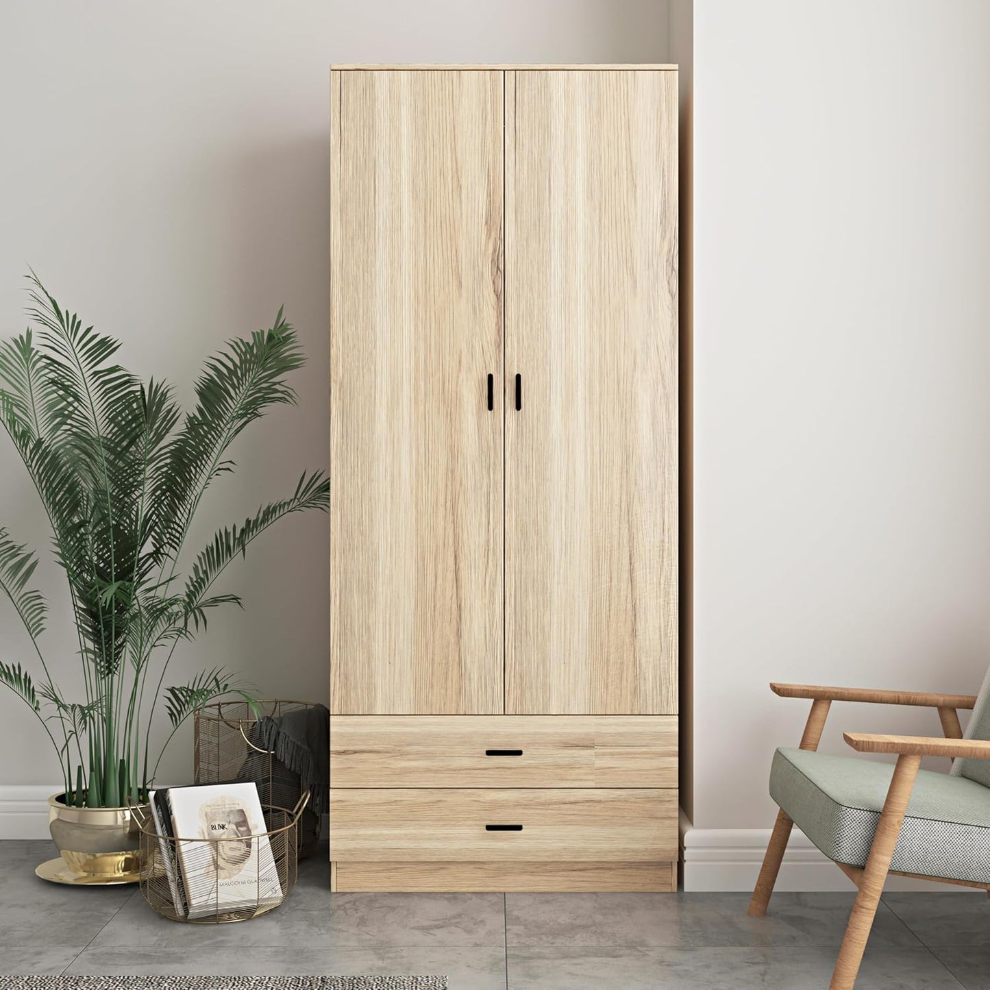URBNLIVING Tall Wooden 2 Door Oak Wardrobe With 2 Drawers Bedroom Storage Hanging Bar Clothes (Oak Carcass + Oak Drawers)