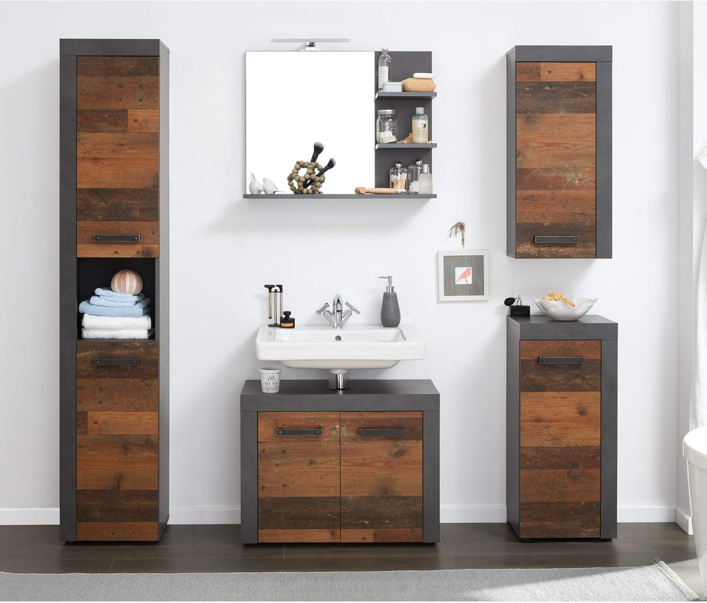 trendteam smart living Indy Bathroom Vanity Unit 72 x 56 x 34 cm in Old Wood Front with Matera Body and Panel with Lots of Storage Space