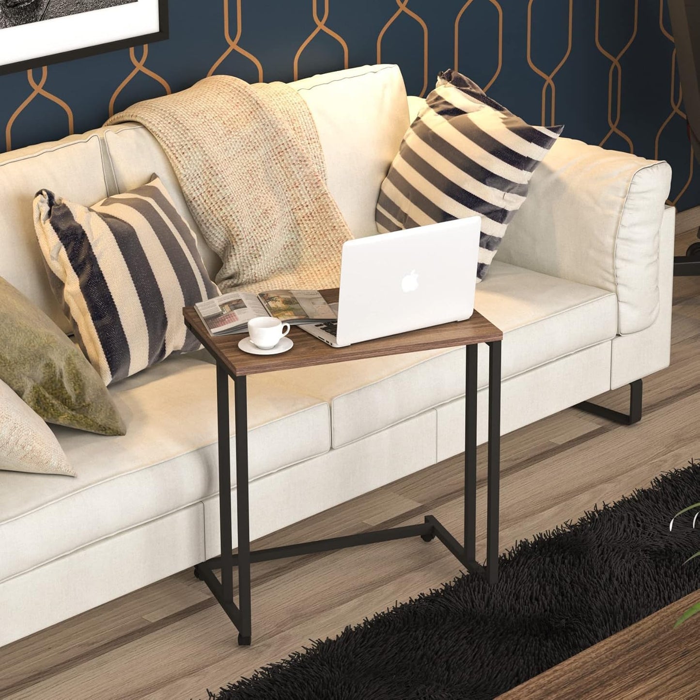 Season STORY Venice C Shaped Side Table with Wheels, End Table for Sofa - 23.6 X 15.7 X 25.5 Inch, Couch Tray Tables That Slide Under, Sofa Table Living Room Furniture, Rolling Desk Snack Table
