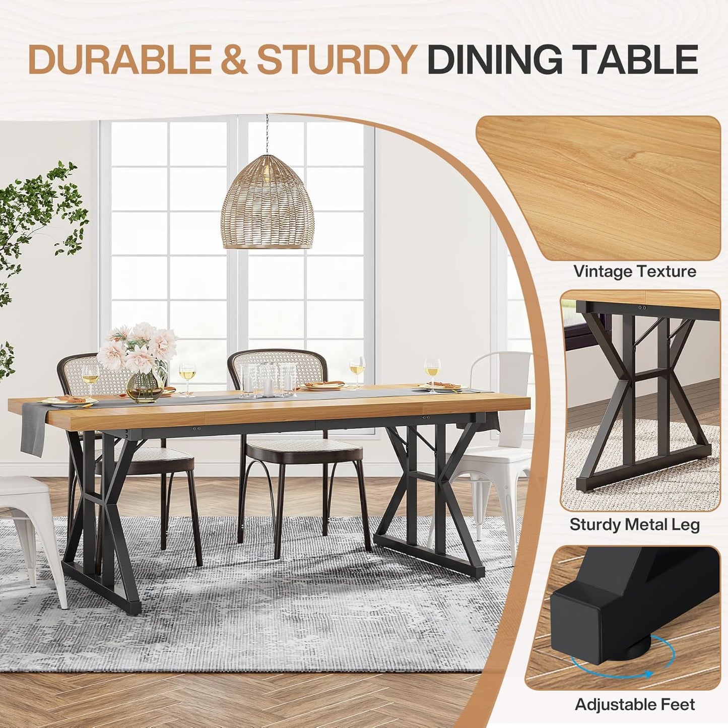 Tribesigns Farmhouse Dining Table for 6 People, 70.8-Inch Rectangular Wood Dining Table, Rustic Kitchen Table with Heavy Duty Metal Legs for Dining Room