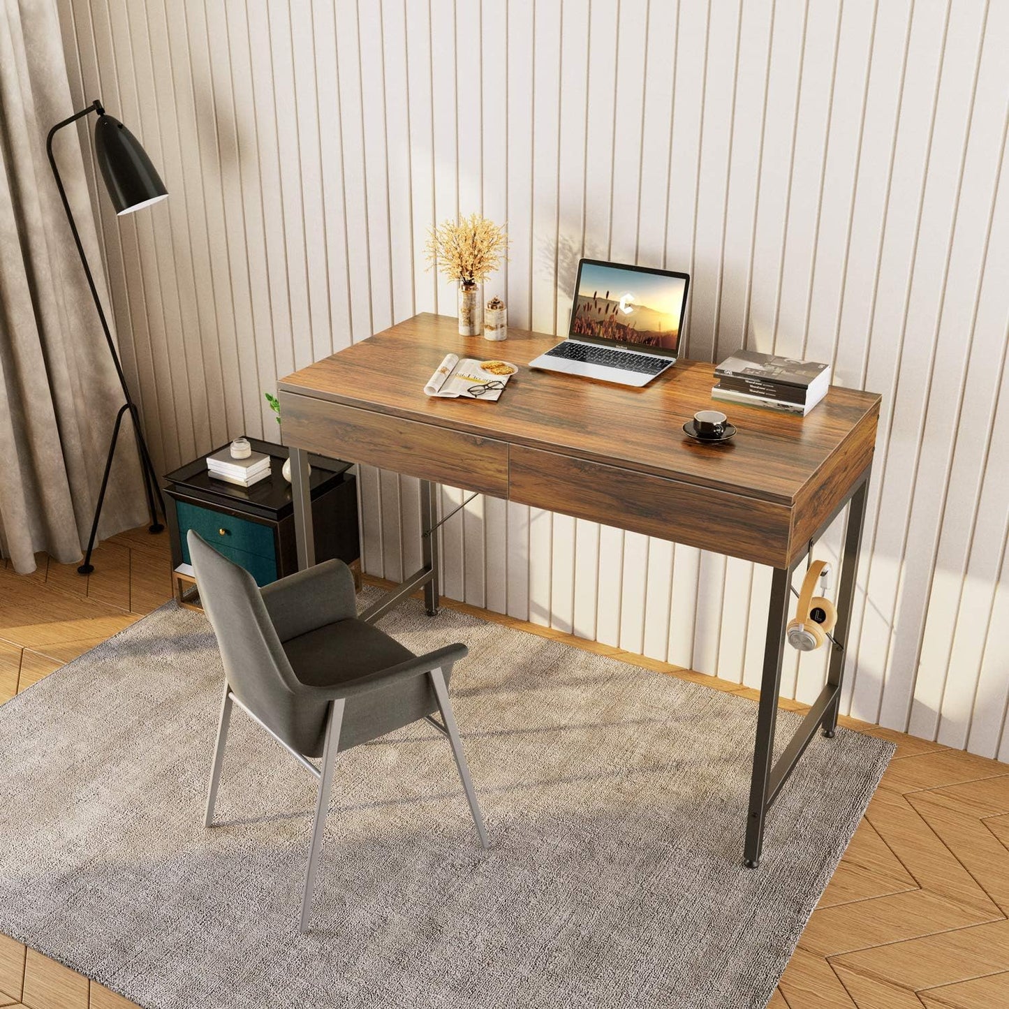 CubiCubi Computer Small Desk, 40 inches with 2 Storage Drawers for Home Office Writing Desk, Makeup Vanity Console Table, Dark Rustic