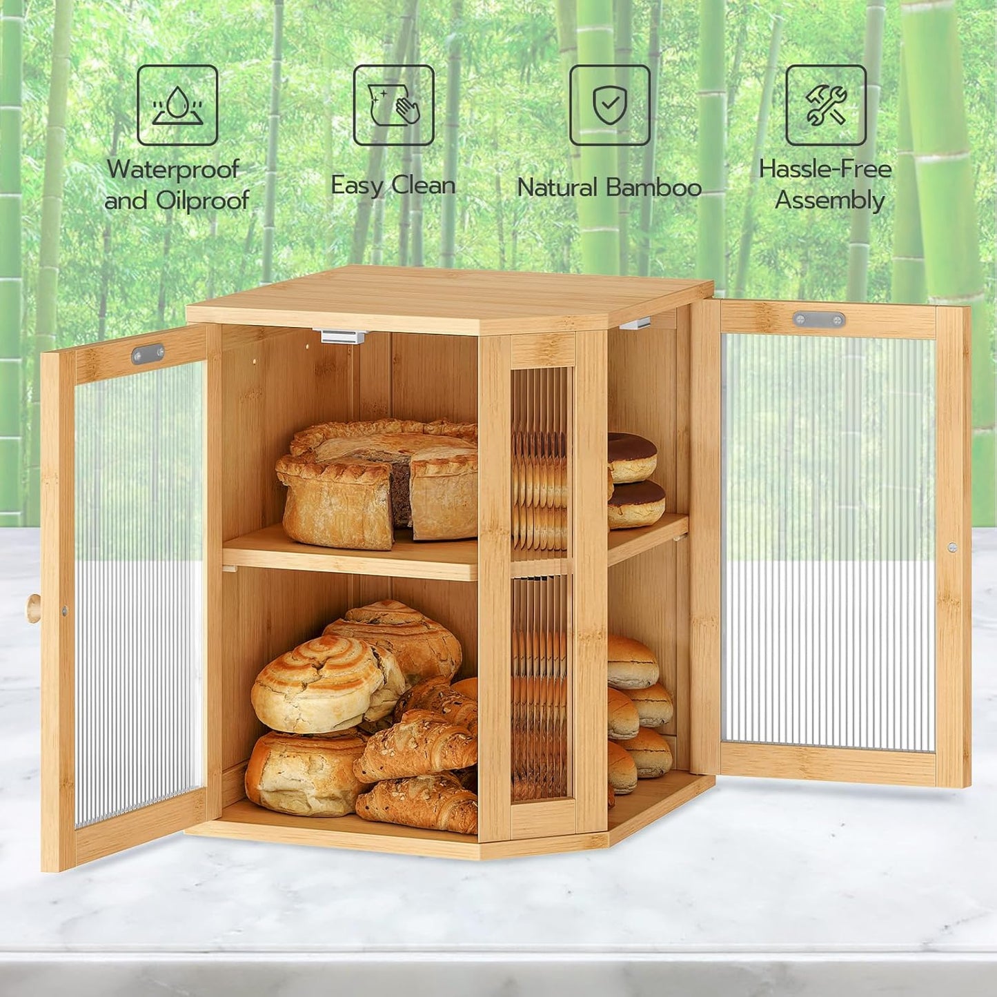 HOOBRO Bamboo Bread Box, Kitchen Countertop Corner Bread Box, Large Capacity 2-Tier Bread Box, Bread Storage Container with Dual Rippled Acrylic Doors, for Kitchen Food Storage, Natural YL12MB01