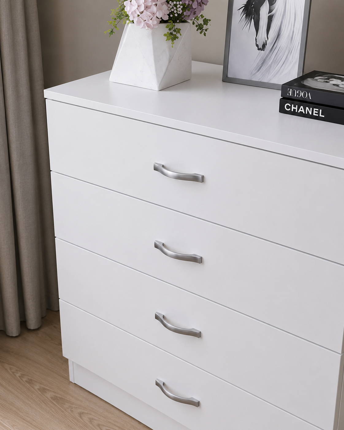 White Chest of Drawers, 4 Drawer With Metal Handles & Runners, Unique Anti-Bowing Drawer Support, Riano Bedroom Furniture