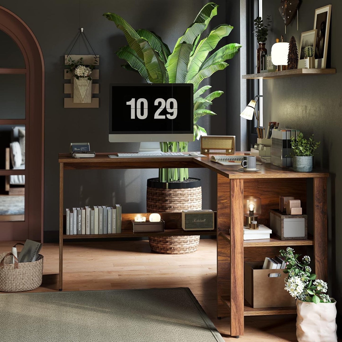 CubiCubi L Shaped Desk, Corner Computer Desk with Storage Shelves, Home Office Workstation for Study or Working, Deep Brown