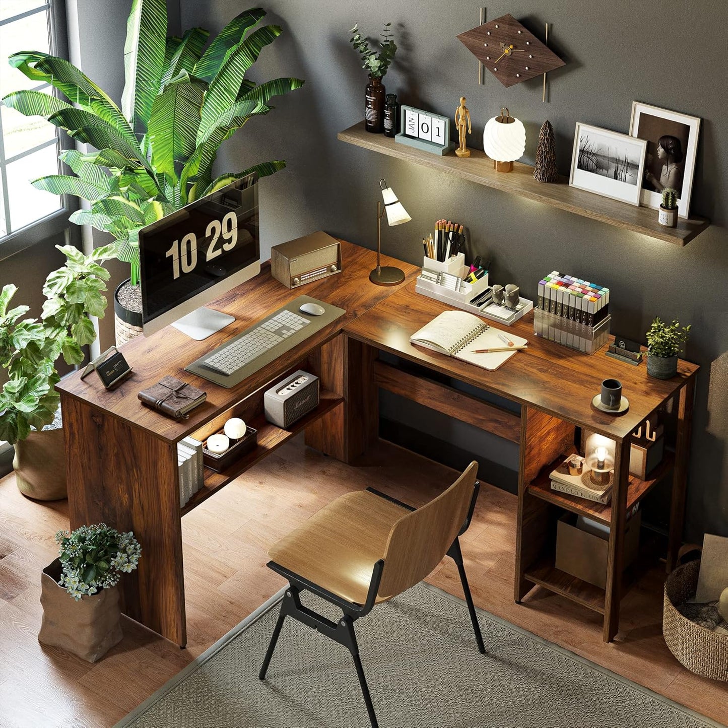 CubiCubi L Shaped Desk, Corner Computer Desk with Storage Shelves, Home Office Workstation for Study or Working, Deep Brown