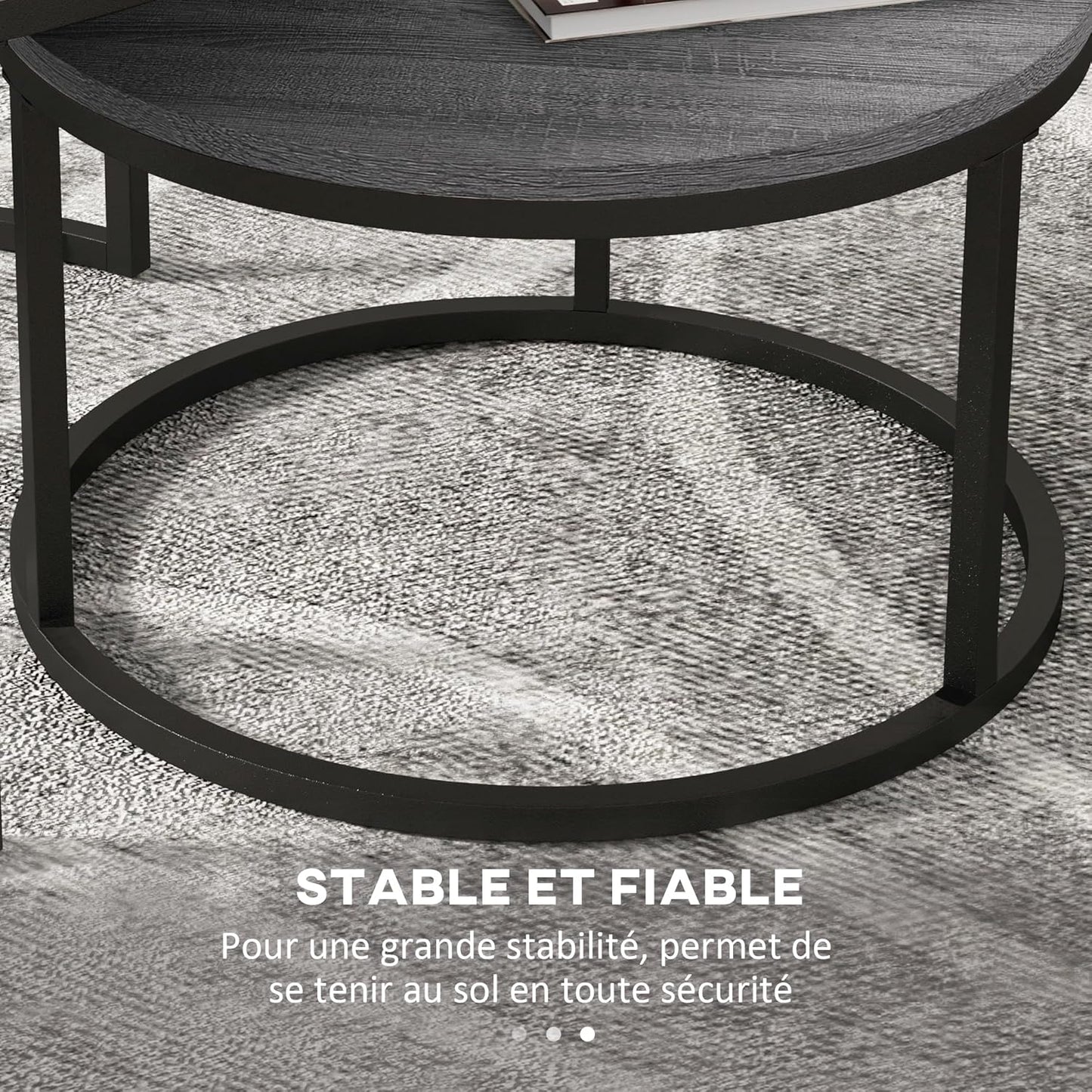 HOMCOM Set of 2 Nest Coffee Tables, Round Coffee Table, Stackable, Industrial Design, Coffee Table, Metal Legs, Black