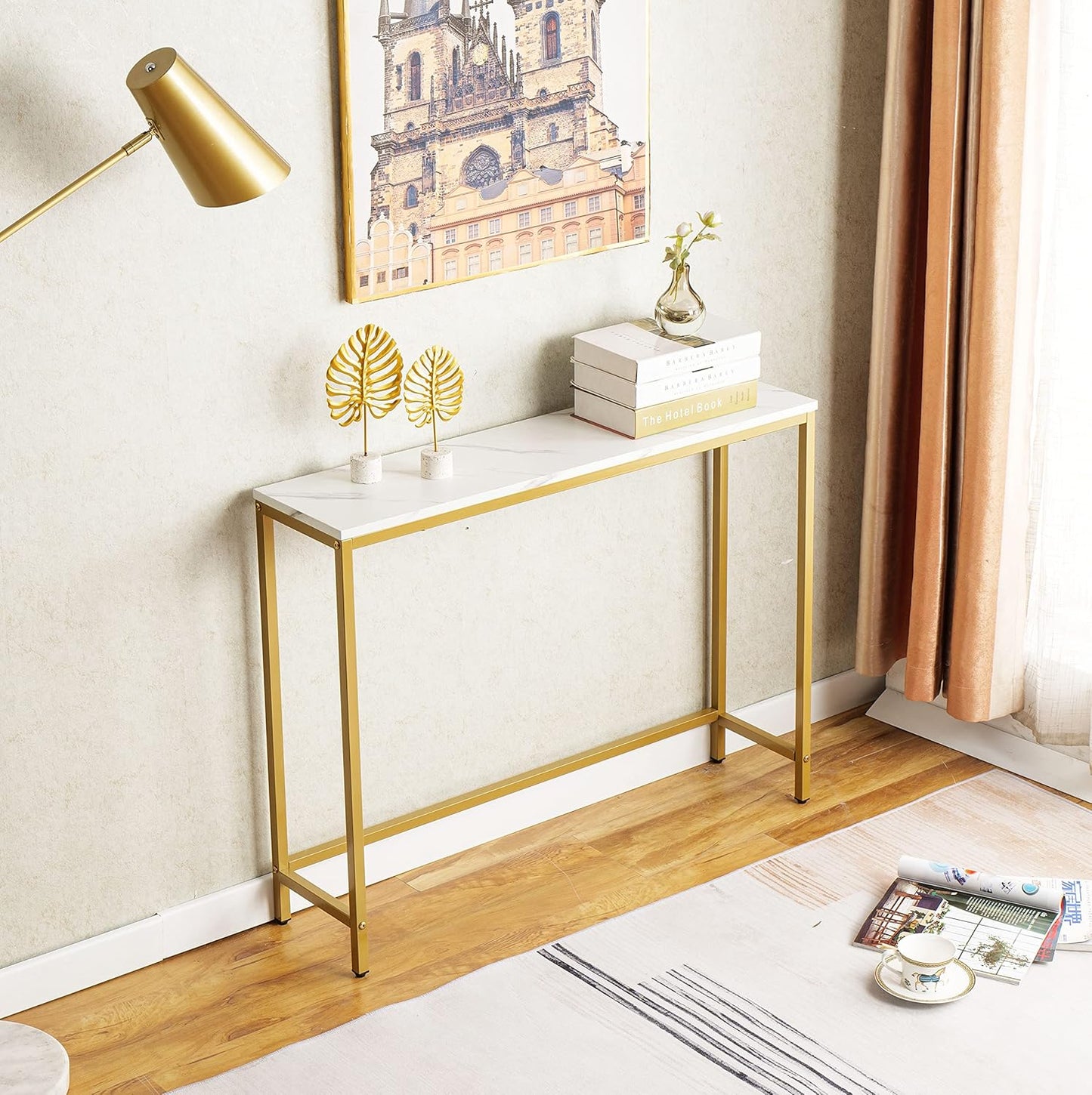 loglus Console Table for Entryway, Faux Marble MDF Sofa Table with Golden Frame (Double Layer,Single Layer, White Marble)