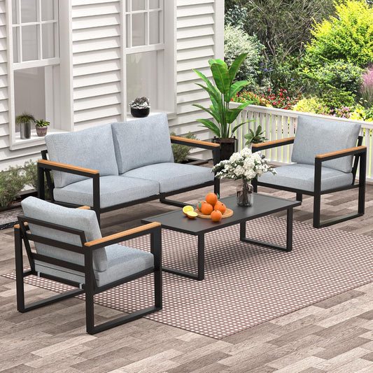 COMLAX FIELD Patio Furniture Set, 4 Pieces Outdoor Patio Furniture with Table Set, Metal Patio Conversation Sets with Removeble, Washable and High-Resiliency Sponge Cushions, Light Grey