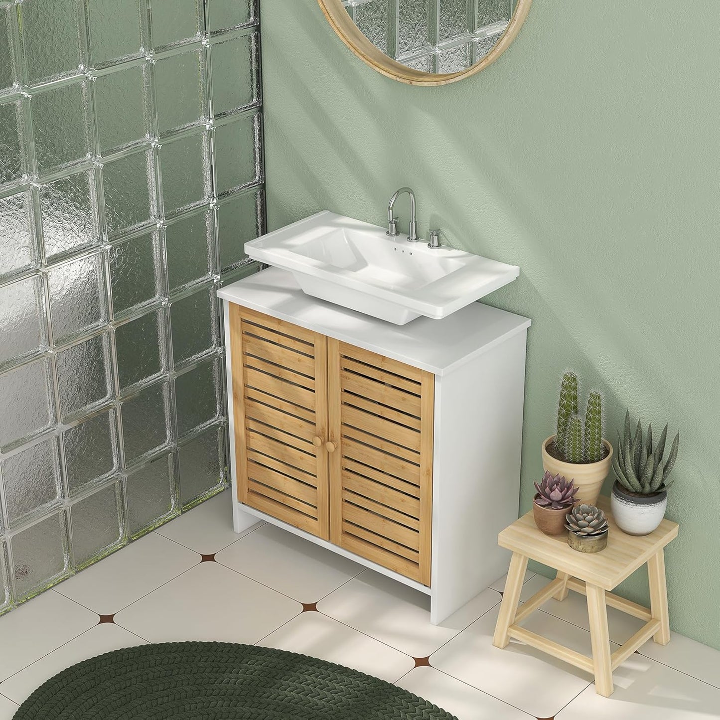HOMCOM Modern Under Sink Cabinet with Magnetic Bamboo Doors and Adjustable Shelf 60 x 30 x 60 cm White and Natural