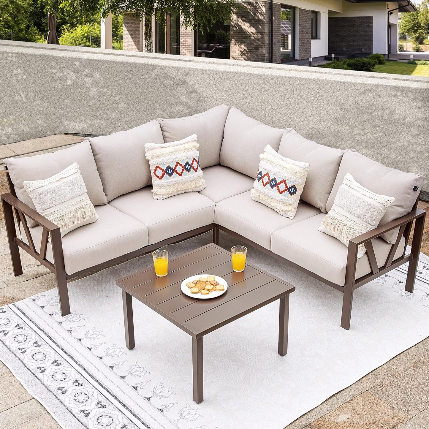 COMLAX FIELD Patio Furniture Set, 6 Pieces Outdoor Couch Sectional, L Shaped Patio Sofa, Metal Patio Couch Sectional with Side Table, Outdoor Seating Conversation Set