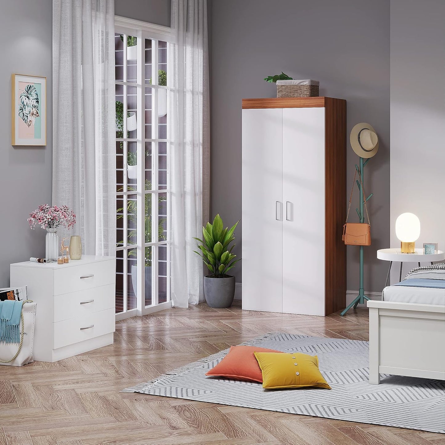Panana Wooden 2 Door Wardrobes with 3 Chest of Drawer Unit for Bedroom Furniture