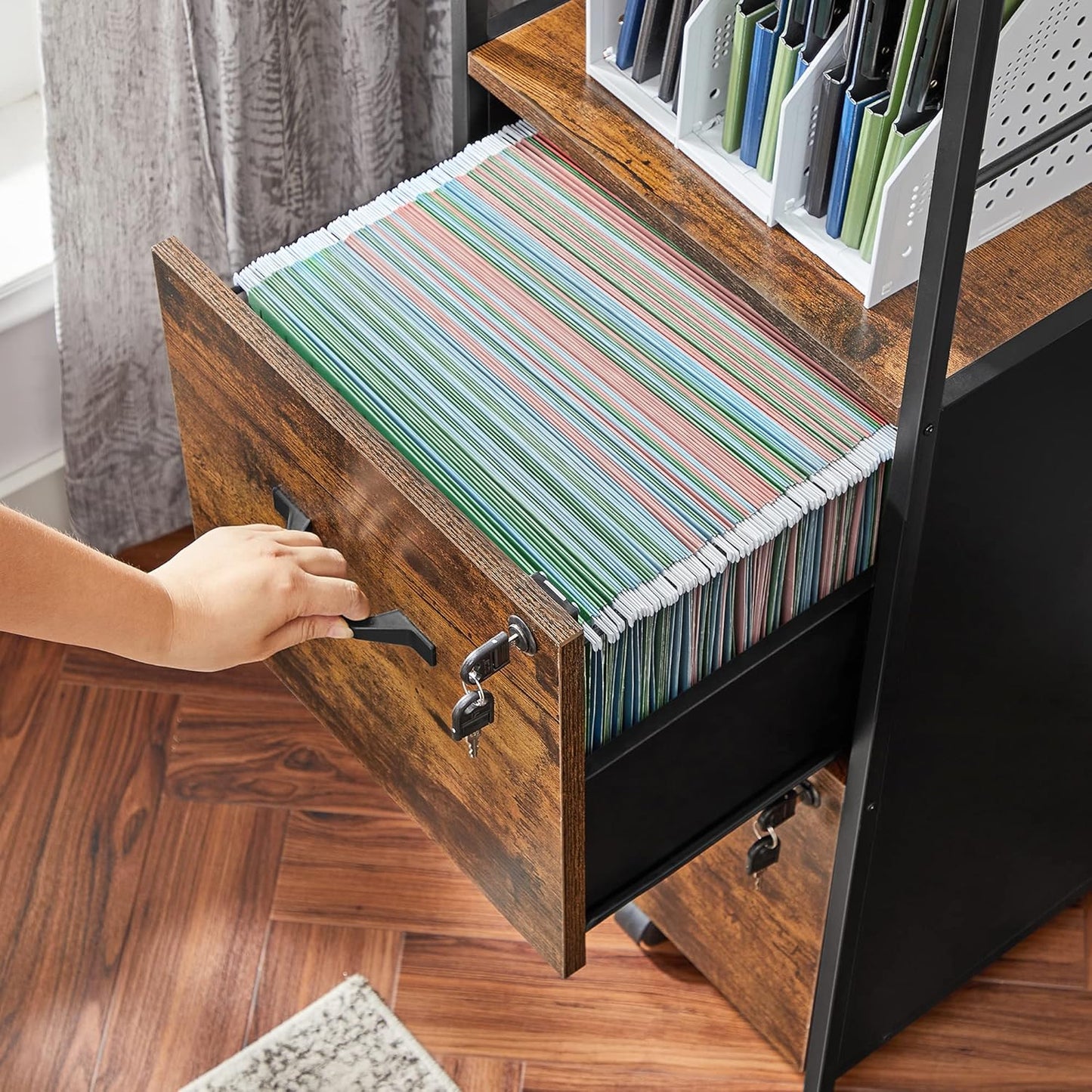 VASAGLE File Cabinet for Home Office, Filing Cabinet with 2 Drawers, Open Shelf, Steel Frame, A4 and Letter Sized Files, Printer Stand, Adjustable Feet, Industrial, Rustic Brown and Black UOFC045B01