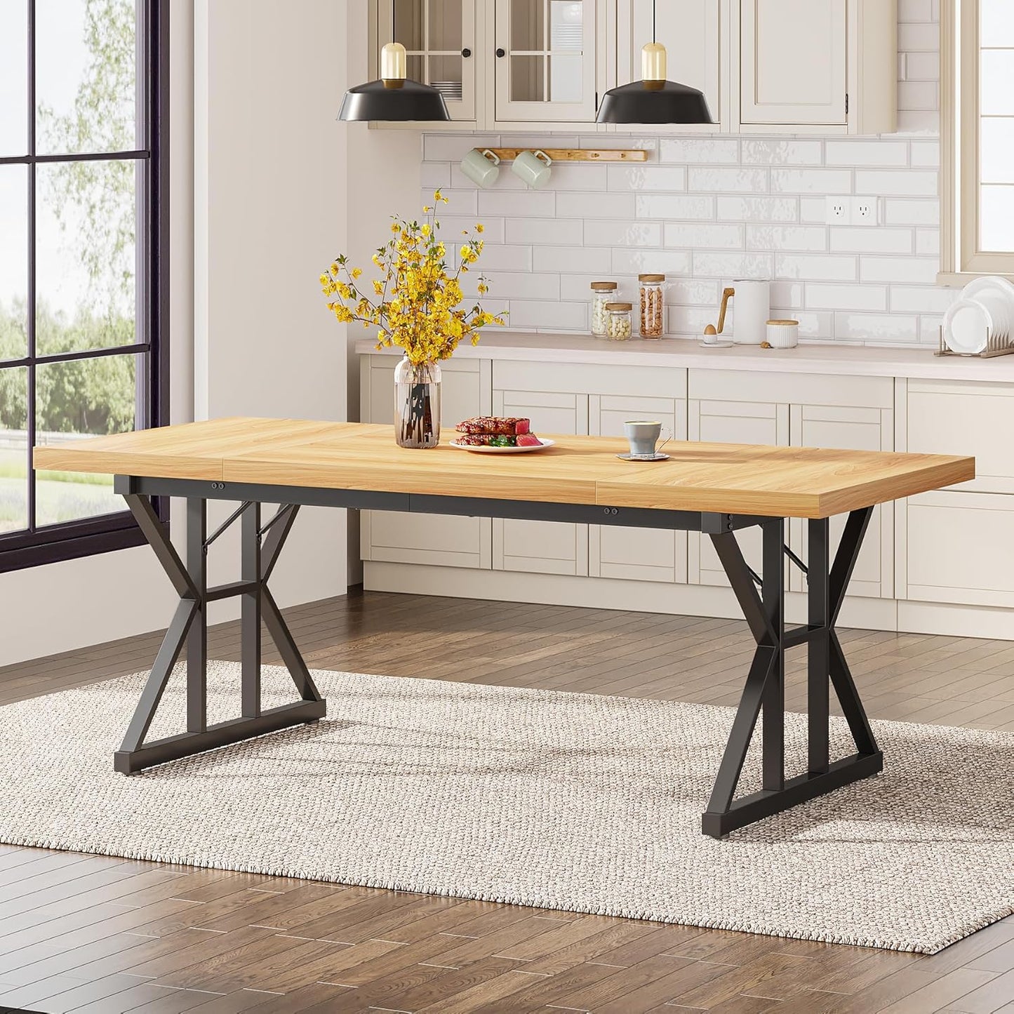 Tribesigns Farmhouse Dining Table for 6 People, 70.8-Inch Rectangular Wood Dining Table, Rustic Kitchen Table with Heavy Duty Metal Legs for Dining Room