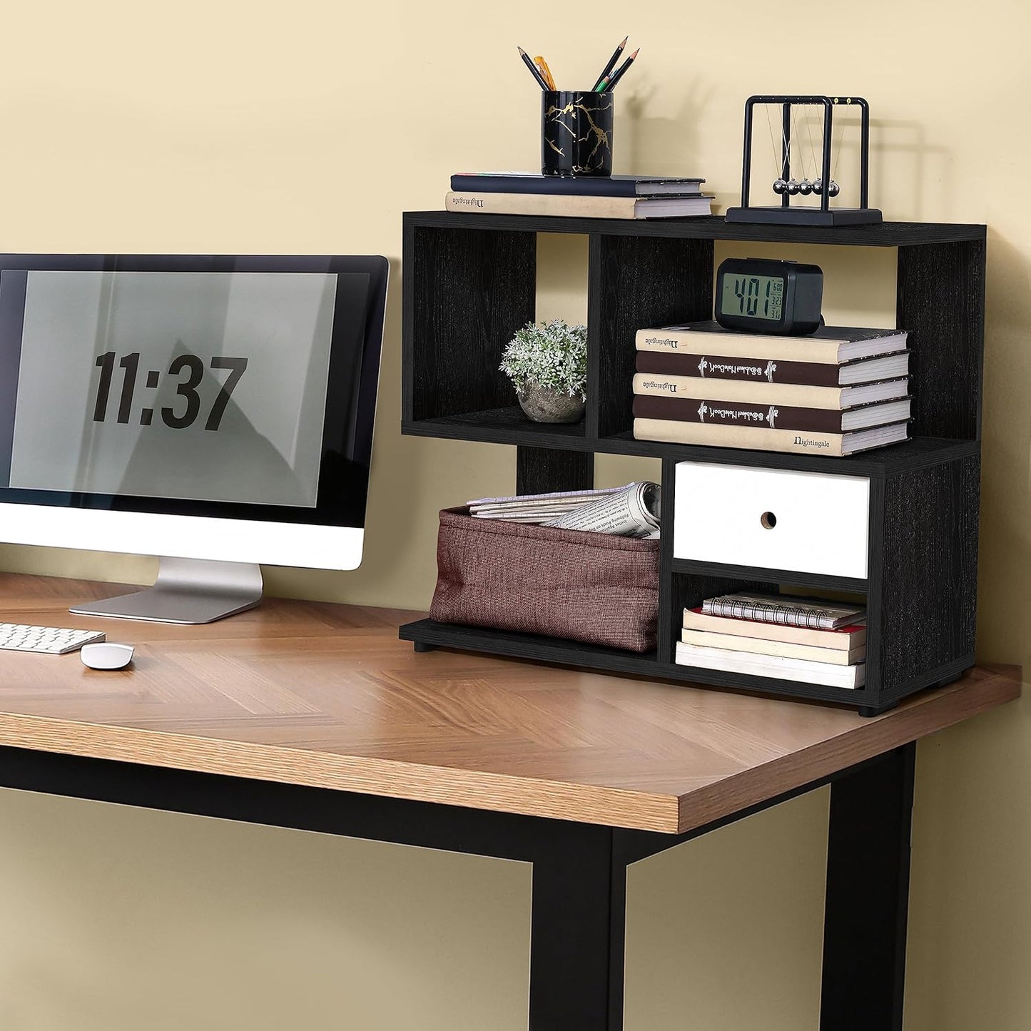 ABOUT SPACE Table Top Bookshelf - Countertop Bookcase with Drawer, Engineered Wood S-Shaped Desktop Storage Organizer Table Shelf Book Rack for Home Study Room (Lemon Oak - L 60 x B 25 x H 50 cm)