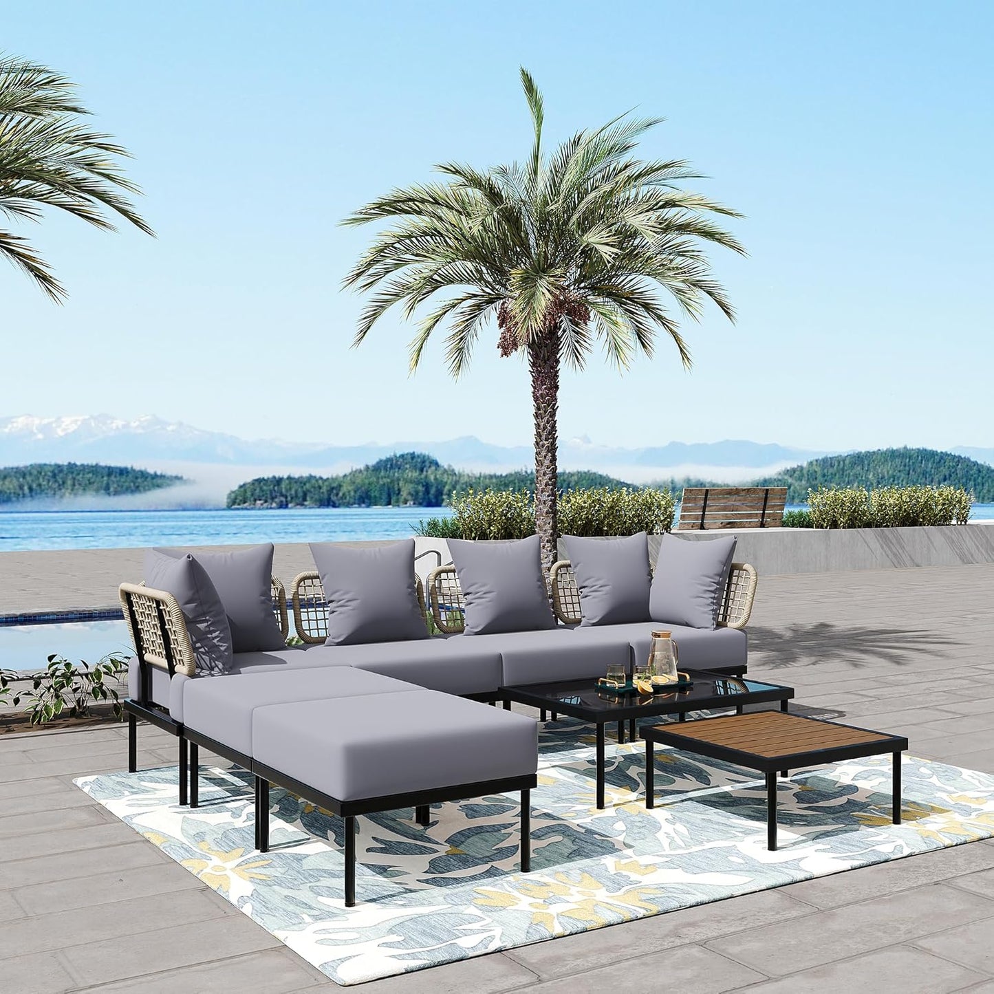Ampela 8-Piece Patio Sectional Sofa Tempered Wooden & Glass 2 Coffee Table/2 Single Chairs/2 Ottomans/2 Corner Chairs,All-Weather Conversation Set for Outdoor Oasis,Garden,Patio,Poolside,Light Grey