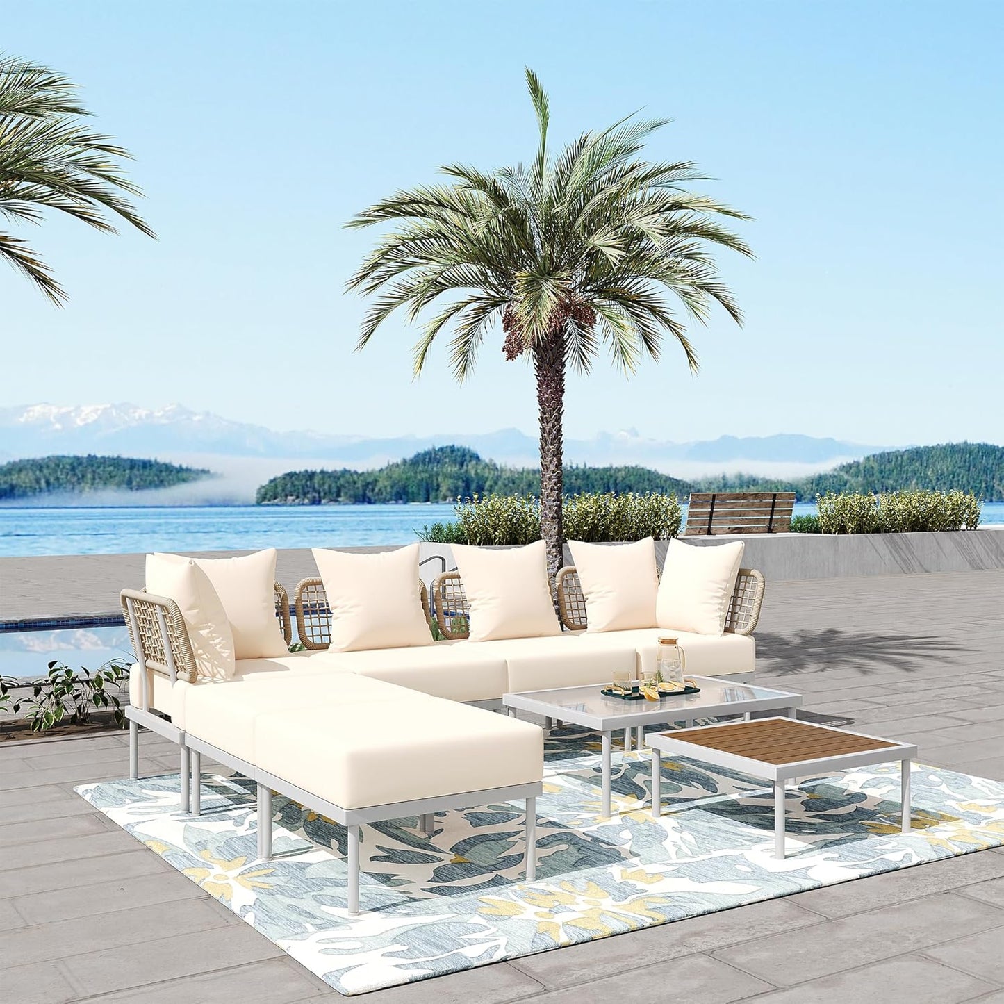 Ampela 8-Piece Sectional Sofa Tempered Wooden & Glass 2 Coffee Table/2 Single Ottomans/2 Corner Chairs,All-Weather Conversation Set for Outdoor Oasis,Garden,Patio,Poolside,Beige