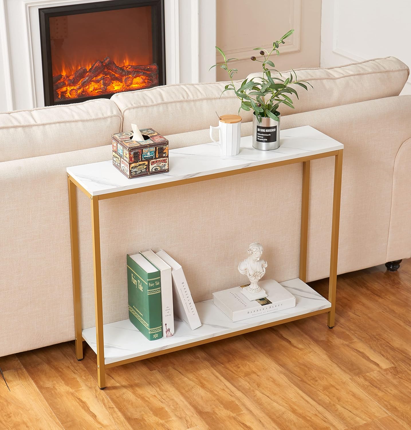 loglus Console Table for Entryway, Faux Marble MDF Sofa Table with Golden Frame (Double Layer,Single Layer, White Marble)