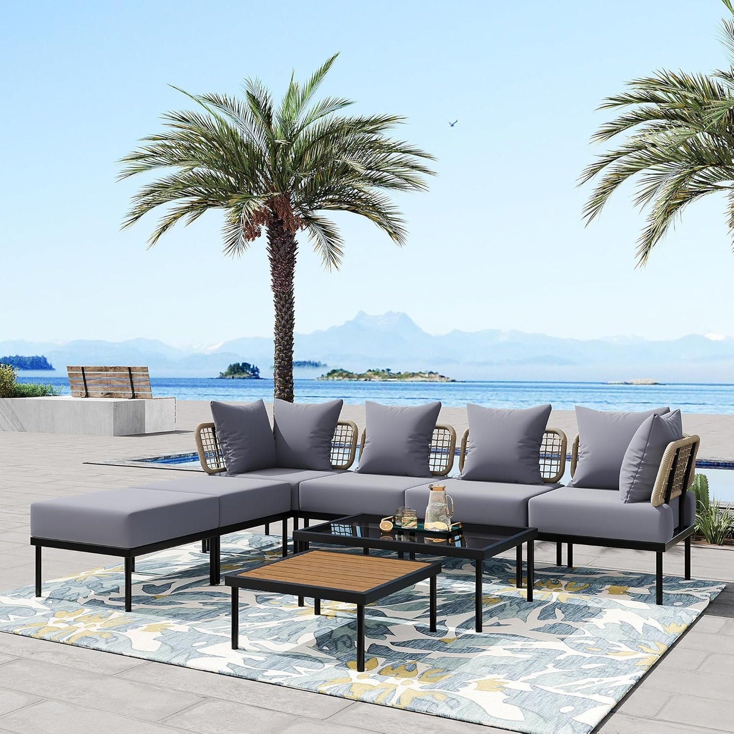 Ampela 8-Piece Patio Sectional Sofa Tempered Wooden & Glass 2 Coffee Table/2 Single Chairs/2 Ottomans/2 Corner Chairs,All-Weather Conversation Set for Outdoor Oasis,Garden,Patio,Poolside,Light Grey