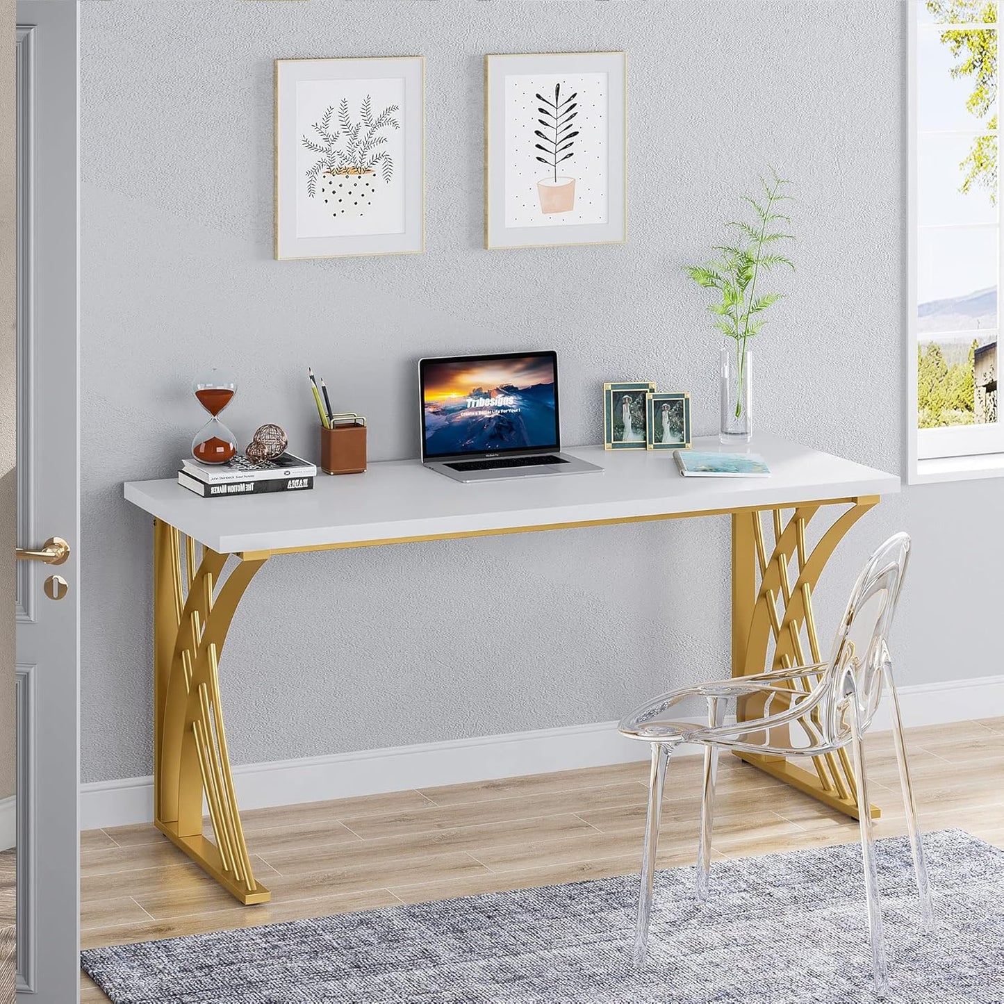 Tribesigns 55’’ Large Modern Computer Desk, White & Gold Luxury Laptop PC Student Table, Makeup Vanity Table with Thick Frame & Strong Legs, Sturdy Writing Workstation for Home & Office