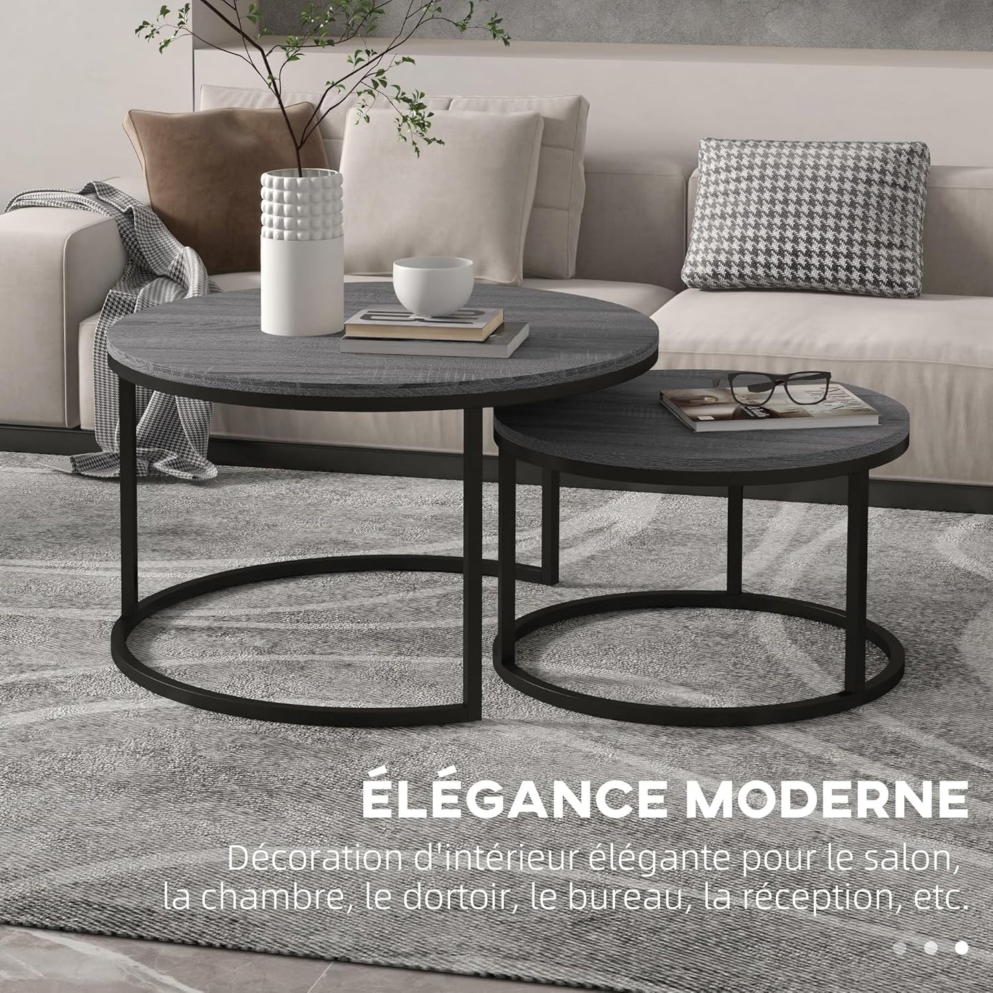 HOMCOM Set of 2 Nest Coffee Tables, Round Coffee Table, Stackable, Industrial Design, Coffee Table, Metal Legs, Black
