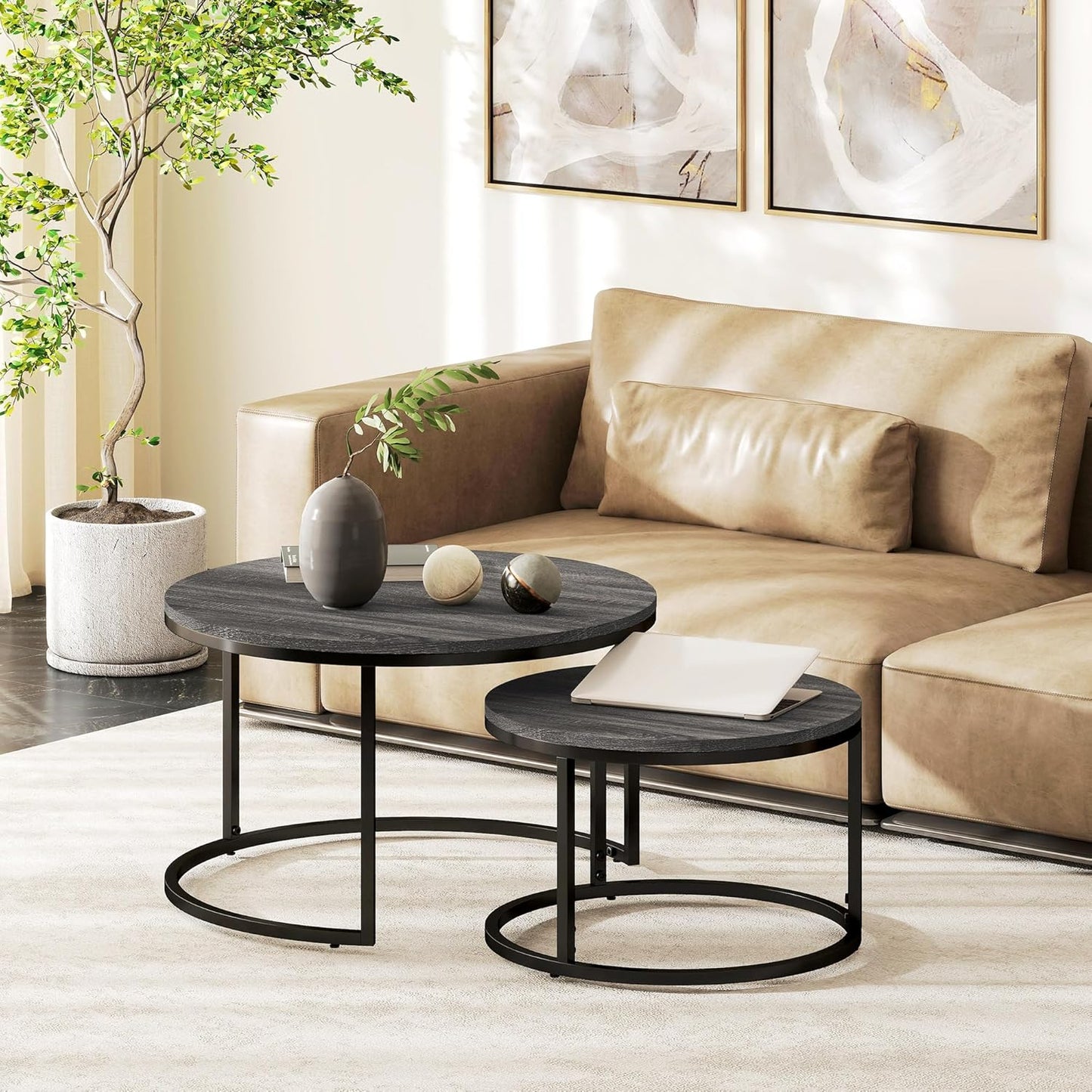 HOMCOM Set of 2 Nest Coffee Tables, Round Coffee Table, Stackable, Industrial Design, Coffee Table, Metal Legs, Black