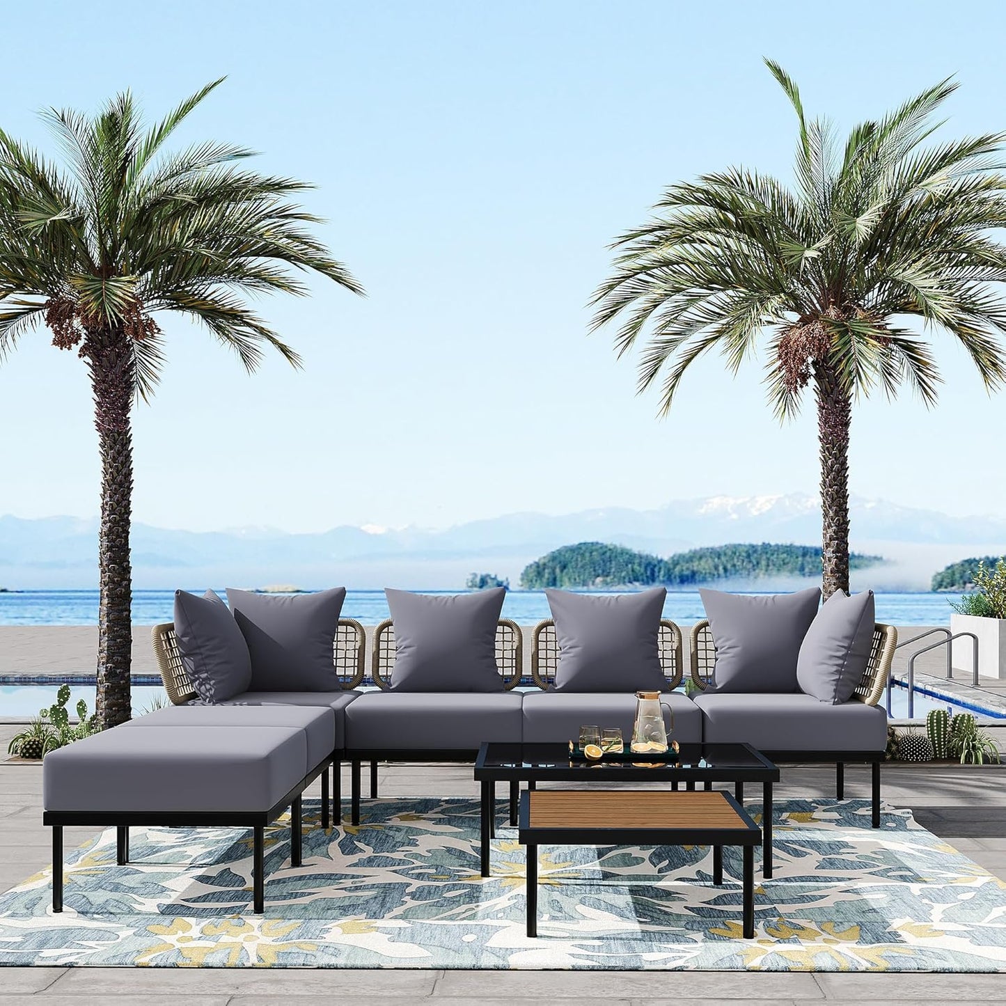 Ampela 8-Piece Patio Sectional Sofa Tempered Wooden & Glass 2 Coffee Table/2 Single Chairs/2 Ottomans/2 Corner Chairs,All-Weather Conversation Set for Outdoor Oasis,Garden,Patio,Poolside,Light Grey