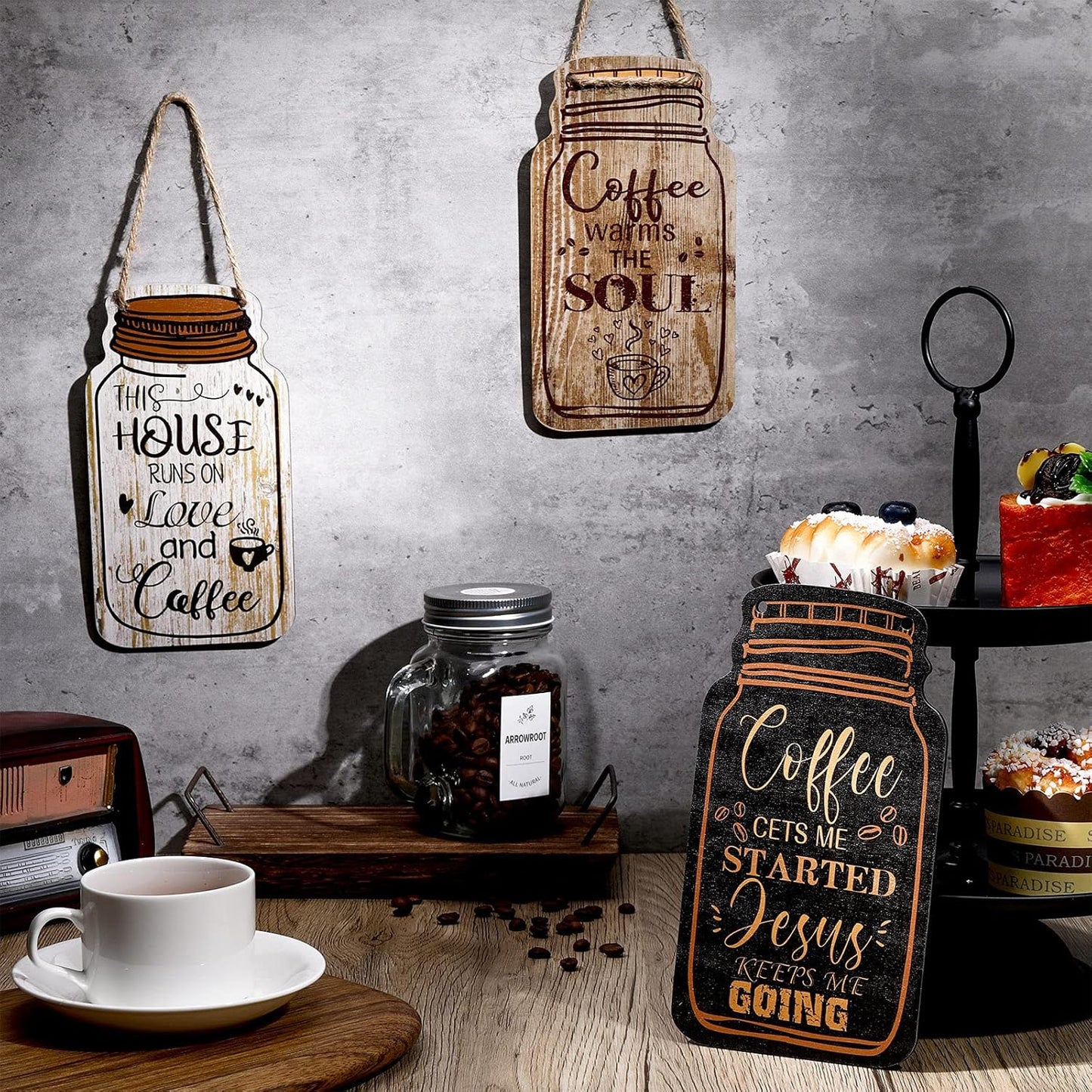 Jetec 3 Pcs Coffee Bar Sign Mason Jar Wall Hanging Plaque Farmhouse Kitchen Decor Wooden Sign for Home Living Room Wall Decorations