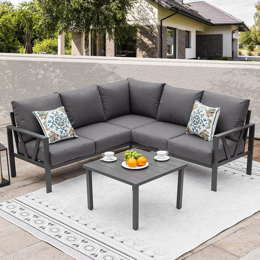COMLAX FIELD Modern Outdoor Patio Conversation Set, 4-Piece Metal Patio Furniture Set with Coffee Table