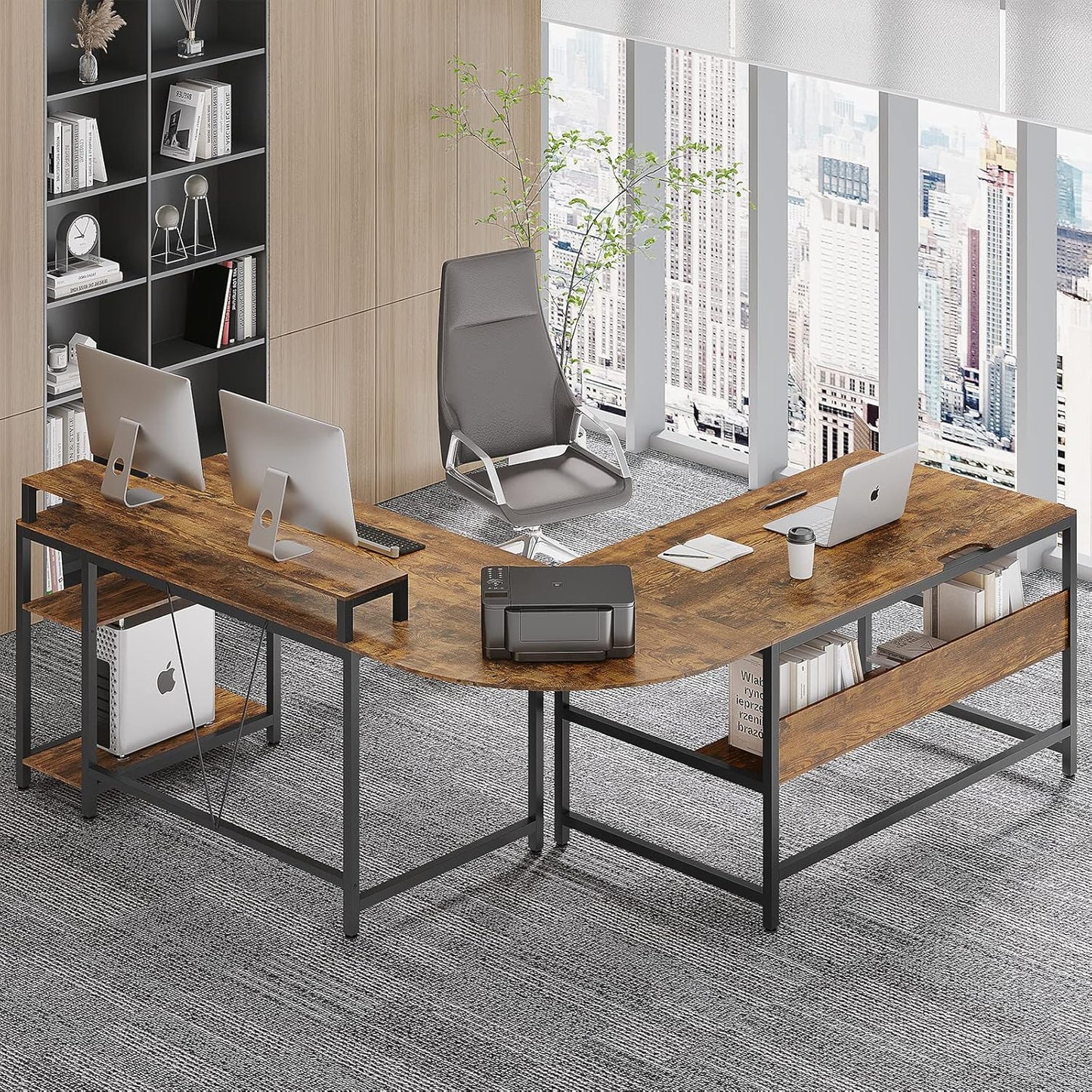 SEDETA L Shaped Desk, 68.9 inches Corner Computer Desk with Monitor Stand Riser, Drafting Drawing Table with Tiltable Desktop, Workstation Study Writing Table Art Desk for Home Office, Rustic Brown