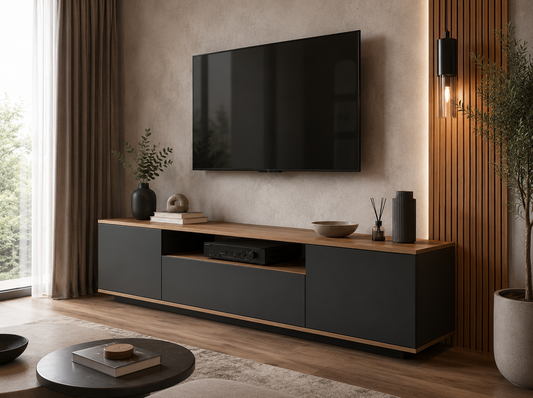 Modern TV Stand with Storage Cabinets & Open Shelf – Entertainment Center for TVs up to 75 Inches, Black & Oak Finish