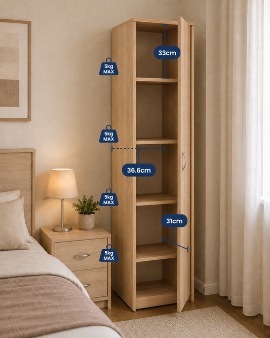 Tall Single-Door Storage Cabinet – Freestanding Utility Organizer Closet with Shelves, Oak Finish
