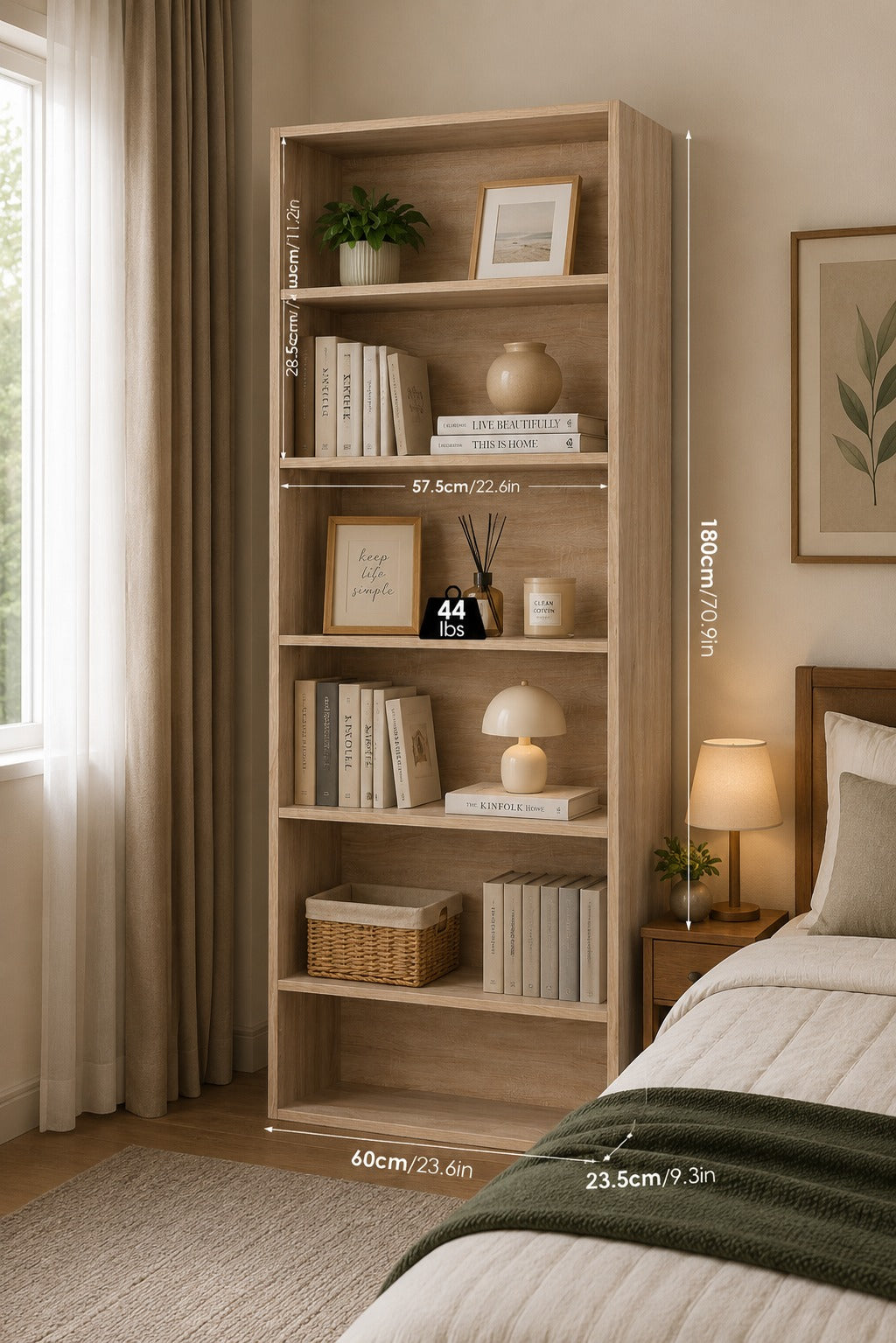 FirFurd Bookcase Wooden Shelf with 6 Compartments Shelves Bookcase Storage Shelf for Living Room Study Wooden 180 x 60 x 23.5 cm Light Light