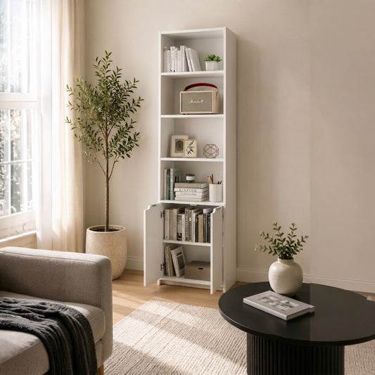 Panana 6 Tier Bookcase with 2 Doors, Wooden Cube Shelves Soild Wood Tall Bookshelf Storage Cupboard Organizer Display Free Standing Unit (White)