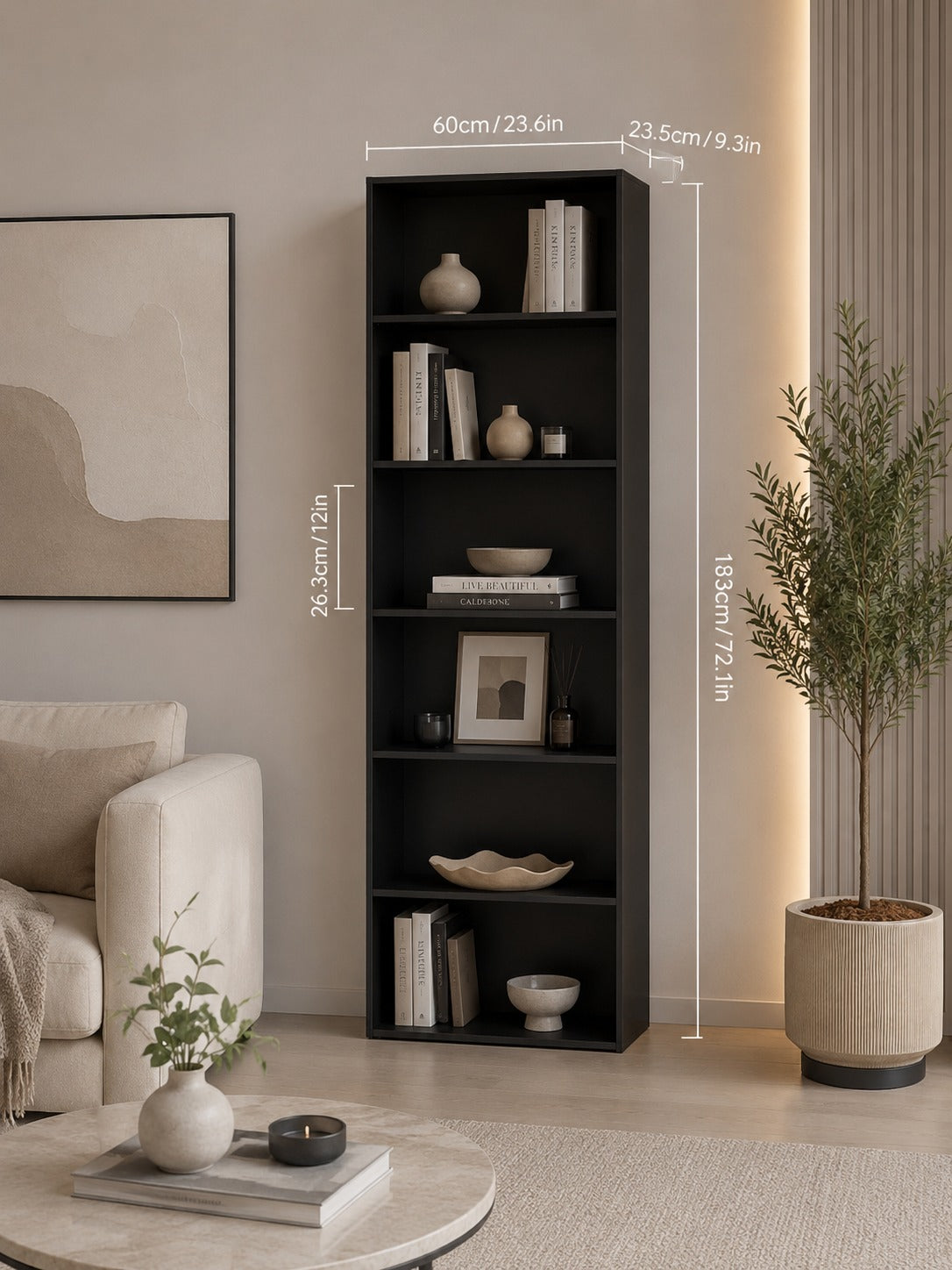 FirFurd Bookcase Wooden Shelf with 6 Compartments Shelves Bookcase Storage Shelf for Living Room Study Wooden 180 x 60 x 23.5 cm Black