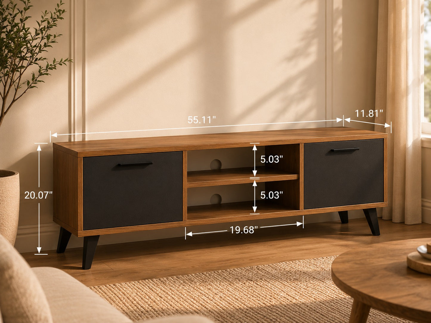 tv Stand with Media Shelf - Corner Book Shelf, Wooden Storage for Living Room