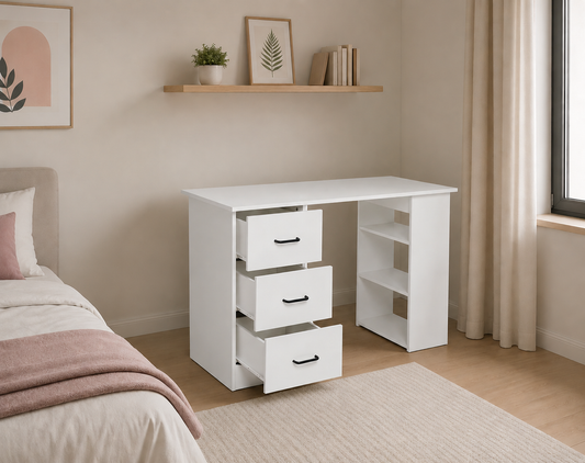 Modern Writing Desk with 3 Drawers & Open Shelves – Home Office Computer Desk, White