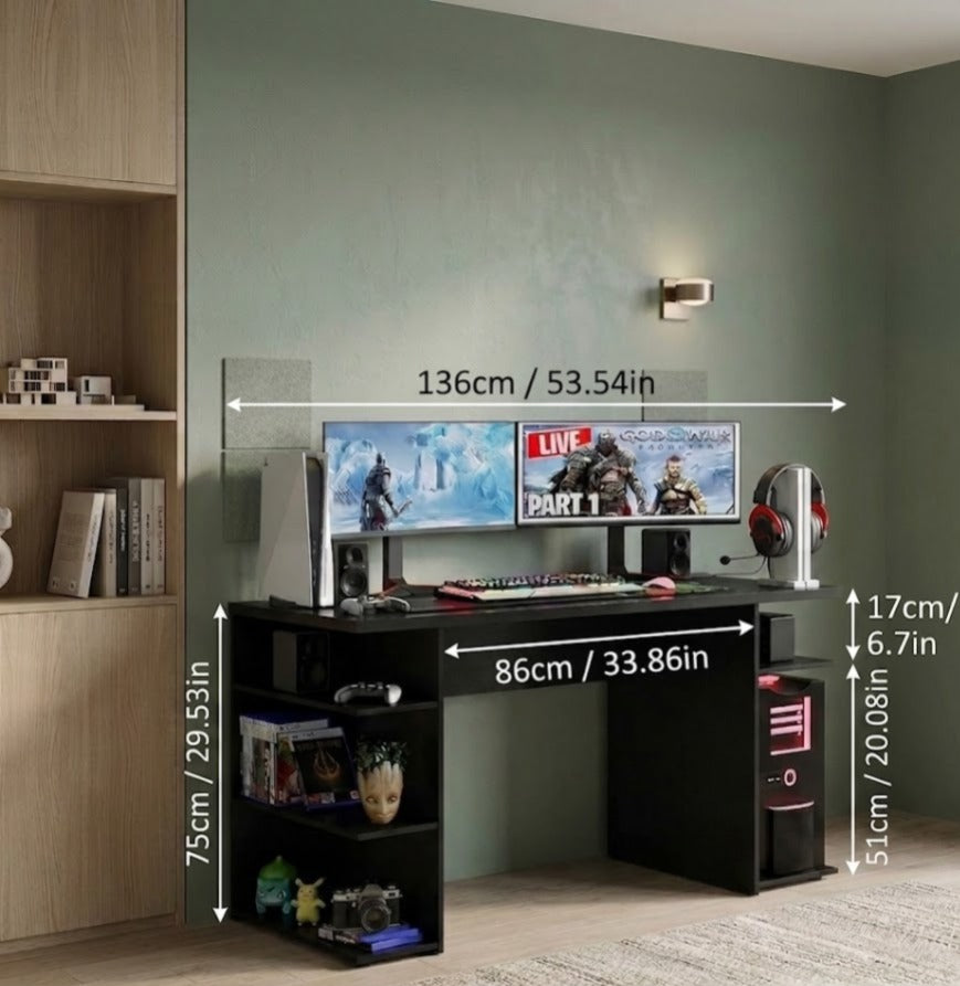 Madesa gaming computer desk with 5 shelves, cable management and large monitor stand, wood, 60 d x 136 w x 75 h cm - black