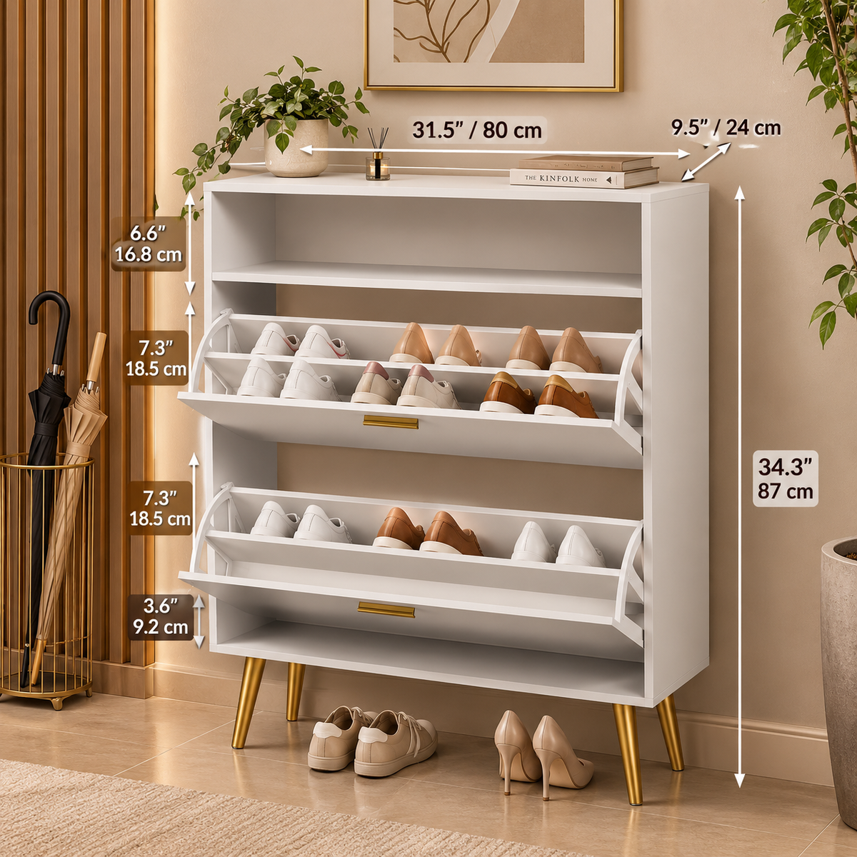 Modern Freestanding Shoe Cabinet with 2 Flip-Down Drawers