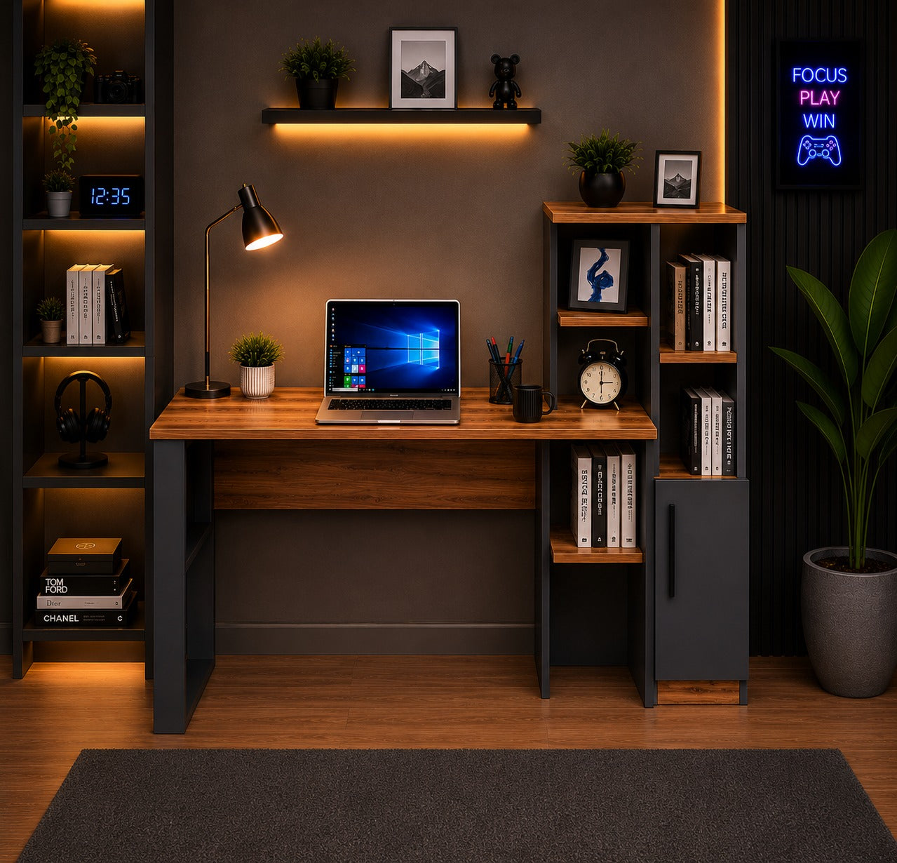 HOMIDEA Tody Office Computer Table with Shelves and Storage Space with Door Modern Design for Home Office or Children's Room (Antrachite/Briarsmoke)