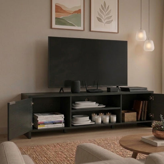Modern Black TV Stand with Storage Cabinet & Open Shelves – Entertainment Center for Living Room