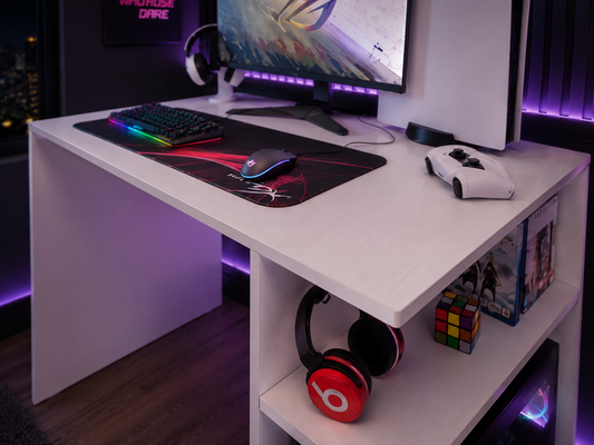 Madesa Compact Gaming Computer Desk with 2 Shelves, Cable Management and Large Monitor Stand, Wood, 21" D x 39" W x 30" H - White