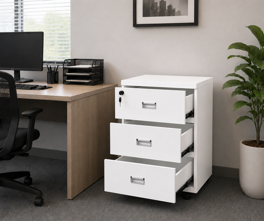 3-Drawer Locking Mobile File Cabinet – Rolling Office Storage Cabinet with Wheels, White